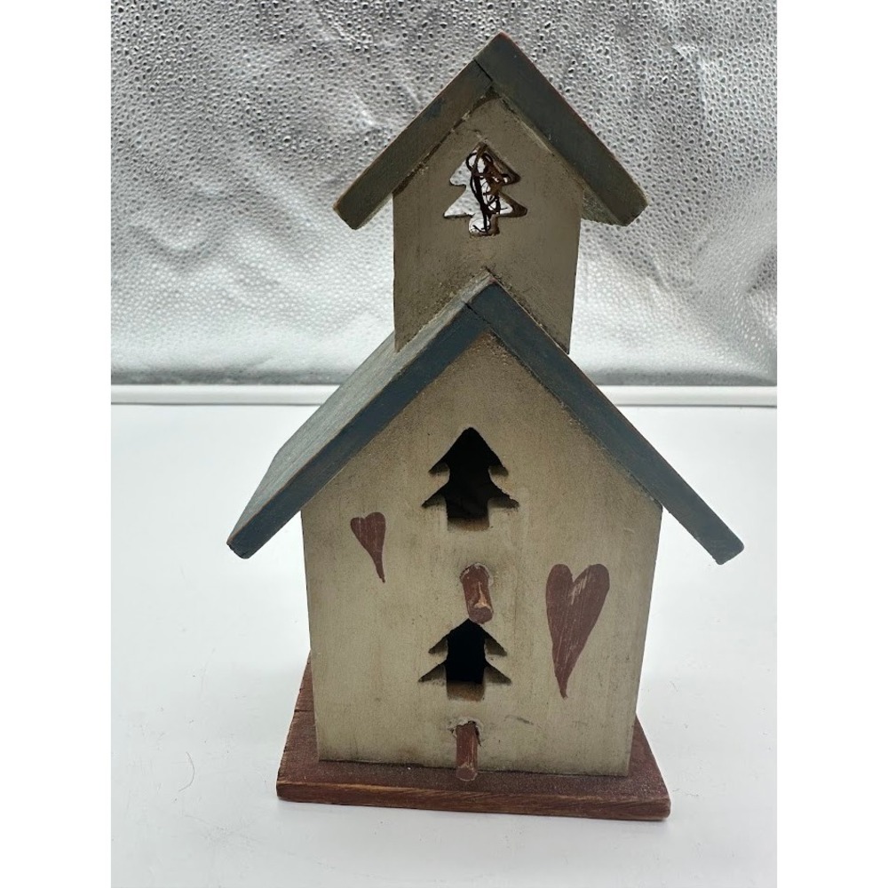 Rustic Wooden Birdhouse Primitive Church Decor Hearts Evergreen Trees Distressed